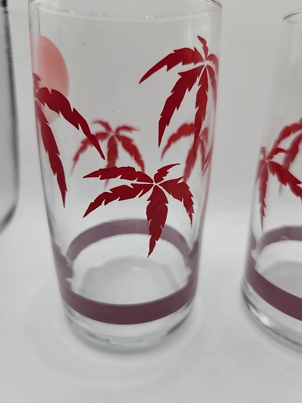 Clear Glass Tumbler Set with Red Palm Sunset Design‎ vintage